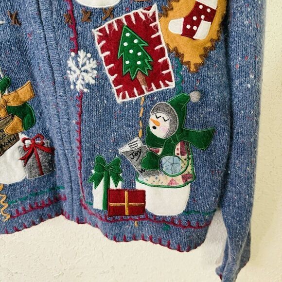 Victoria Jones Petite Christmas Sweater Women's Size PM Full Zip Snowmen Blue - Picture 5 of 13